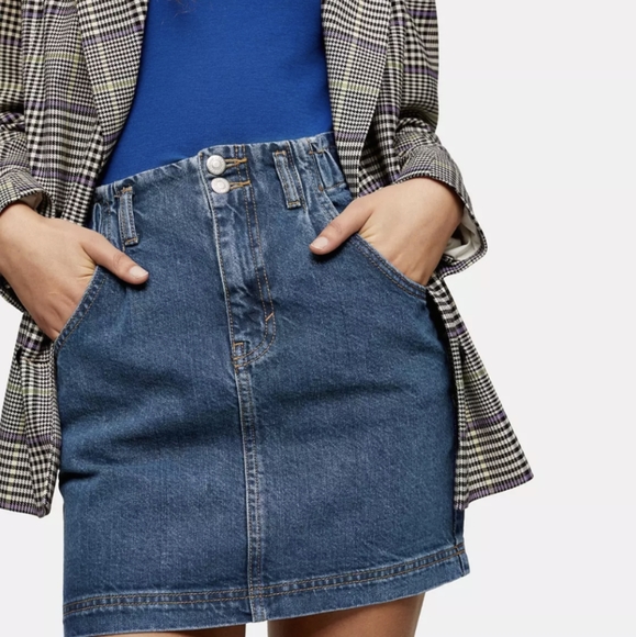 NWT TOPSHOP High Waist Paper Bag Denim Mini Skirt US Women's 4 - Picture 1 of 5